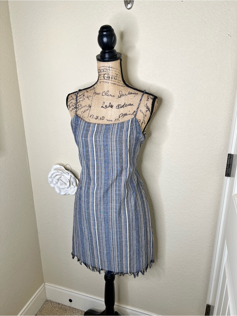 NTM: American Threads Blue Striped Tie Back Mini Dress Open Back Size Large - Picture 6 of 15